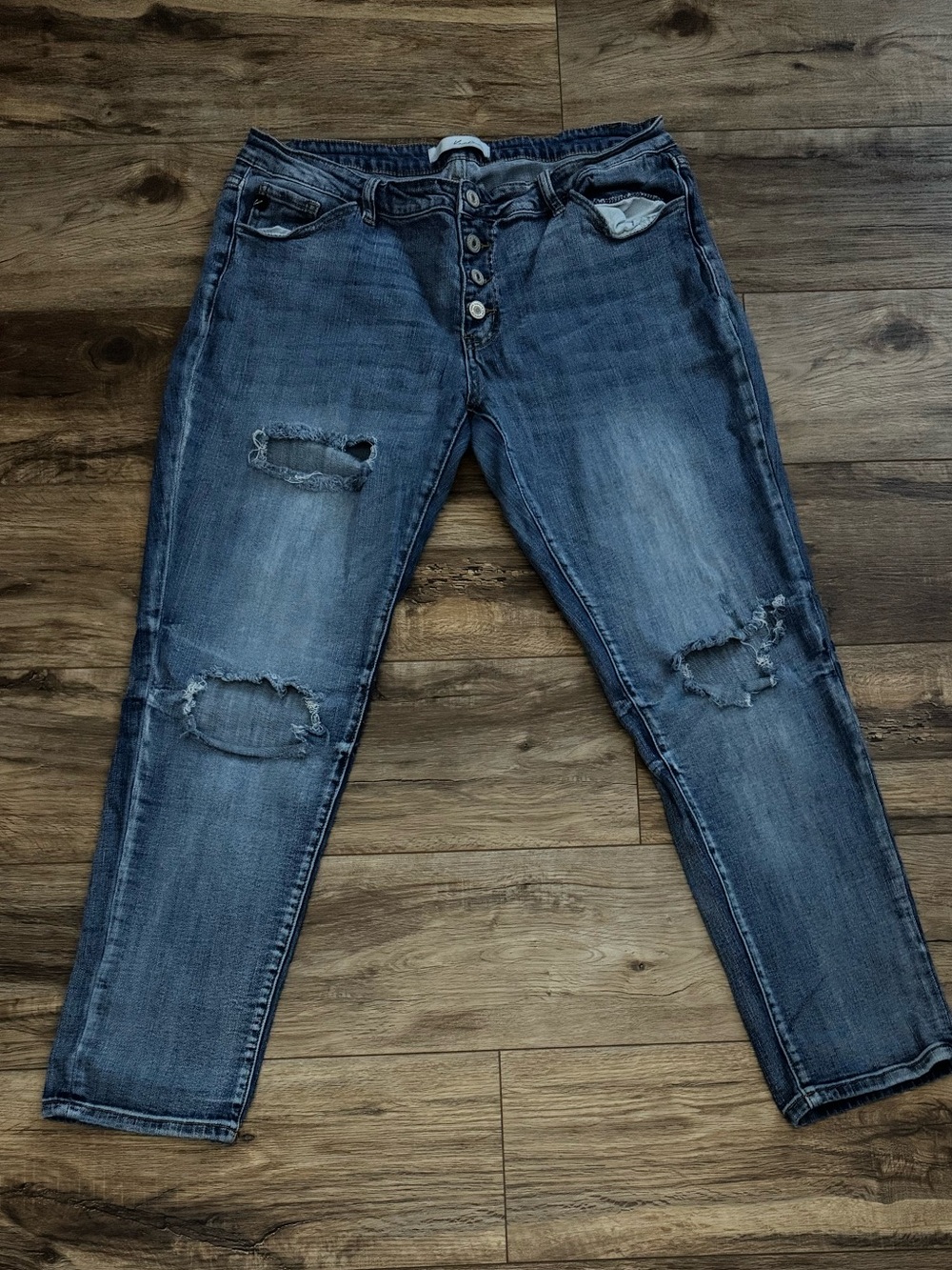 Distressed Blue Denim Jeans - Button Fly